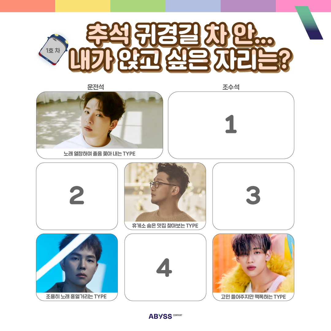 ABYSS_COMPANY's tweet photo. 귀경길 시작❗️

당신이 PICK🥰한 귀경길 옆자리는
누구인가요⁉︎

#어비스컴퍼니 #추석
#짱비스_가좍들과_함께_해피추석🌕 https://t.co/EH83SRpSup