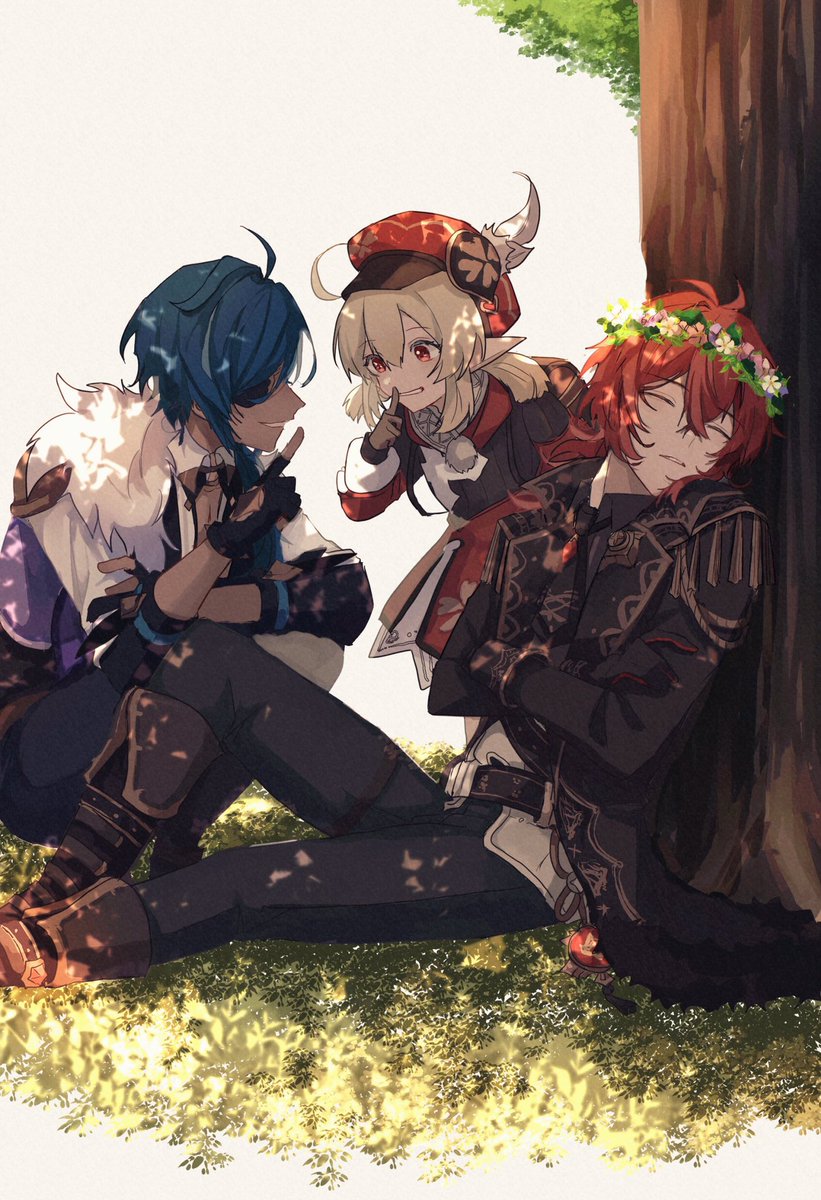 diluc (genshin impact) ,kaeya (genshin impact) ,klee (genshin impact) 1girl 2boys multiple boys red hair red headwear gloves sleeping  illustration images