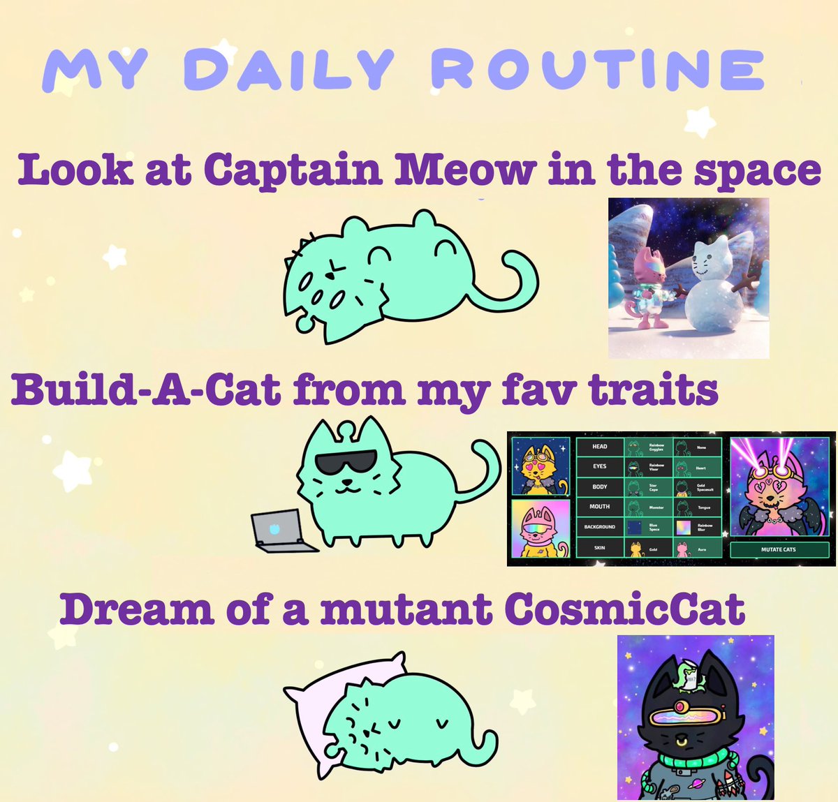 voudharry's tweet photo. 👀@CosmicCats_ project:
😺 ☃️Some planets have epic scenes
😻 Create a personal Cat from the traits you like best in your Cats
🐈‍⬛🧪 The mutation will merge your personal Cat with another @CosmicCats_  (must hodl 2 Cats)
#GetCosmic #CosmicTakeover #Cosmicverse https://t.co/PX7gHujsEM