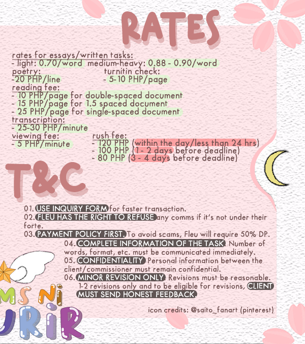 ❀✧ welcome to fleu &amp; oculus' haven. a place where we believe that,

"we have the strength we need inside. 
so, trust yourself &amp; everything will be alright." ✧❀

✍︎ services, rates, &amp; T&amp;Cs below.

✧ proofs ⇥ #commsbyfleurir_ #proofsnifleurir
✧ slots ⇥ #slotsnifleurir_