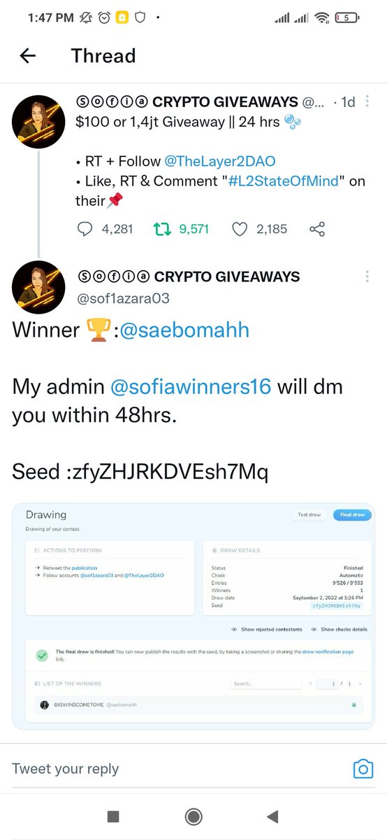 saebomahh's tweet photo. Thank you so much to one of my favorite host @sof1azara03. This is my first time winning on your gas and i still can't believe i won this day. Thank you to the sponsor @TheLayer2DAO and @sofiawinners16 for the fast transaction ♥️. Also, tomorrow is my bday so ty so much for this! https://t.co/2butJgJ6F7