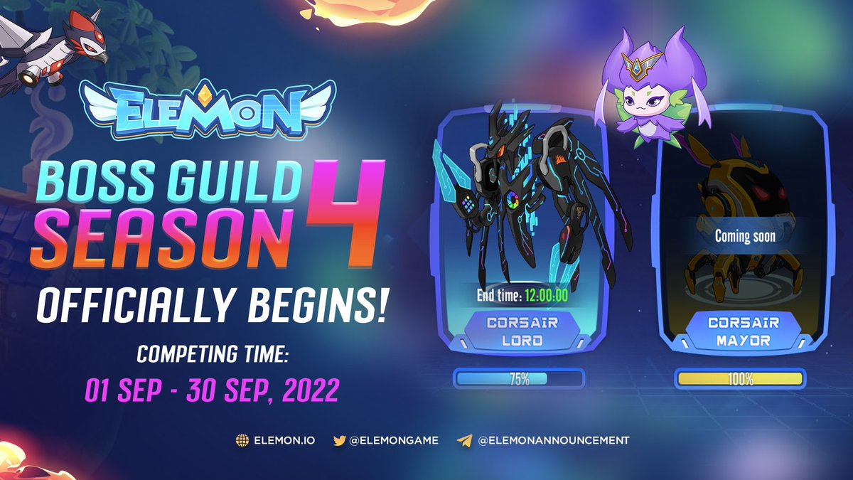 ElemonGame's tweet photo. 🔥ELEMON BOSS GUILD SEASON 4 OFFICIALLY KICKSTARTS🔥

📣Shout out to all the heroic Guilds out there!

Gang up right now as #Elemon Boss Guild Season 4's gonna wreck your world w/ a superb prize pool of $10,000 alongside abundant in-game items!

🌟Details: https://t.co/hbR0PLg41K https://t.co/PrEtDSpYsc