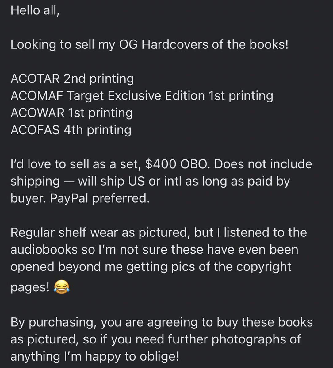 ElliesReviews's tweet photo. Selling my original hardcovers of ACOTAR series - #booksfortrade #booksforsale — see second image for details. I will upload some more pics in replies. 🥰
#sarahjmaas #acotar #sjmaas #crossposted https://t.co/fvSWrX1tWo