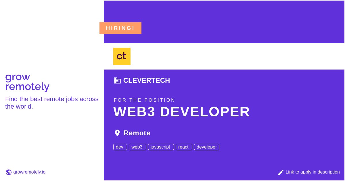 growremotelyio's tweet photo. Check out this job at Clevertech for the position Web3 Developer.
Apply link: https://t.co/7ZpeYGCh6Y
#hiring #remotejobs #Clevertech #Programming https://t.co/4RaEgy6DOz