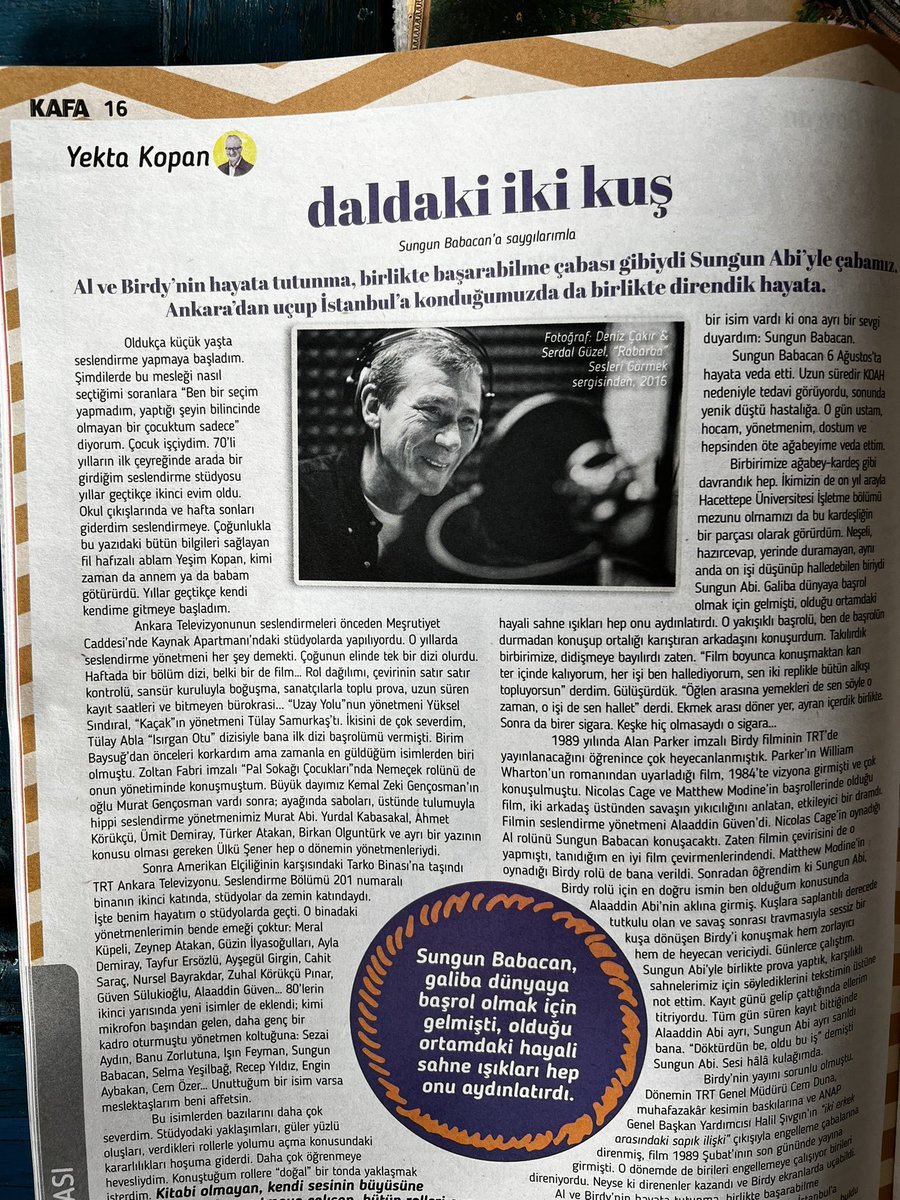 Kafa dergisi Eylül sayısında Sungun Abi’ye saygılarımı yolladım. 

Bu yazıda ayrıca seslendirme yönetmenleri de var. Bende emeği olan, adları pek anılmasa da hepimize katkısı olan isimler onlar. 

Sungun Babacan’a ve bütün o isimlere saygılarımla…

<a href="/kafadergisi/">KAFA Dergisi</a>