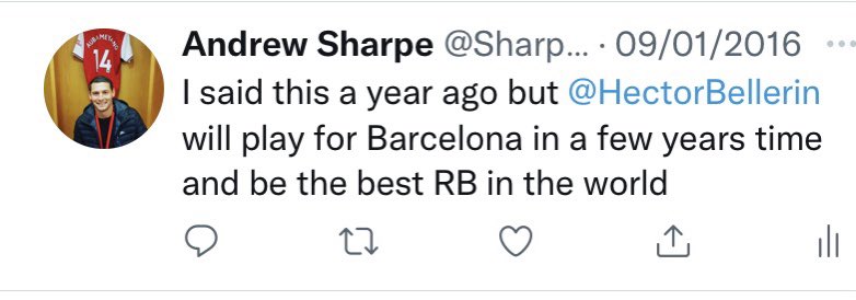 Sharpey10099's tweet photo. @HectorBellerin @FCBarcelona Part 1 of this tweet from 2016 is correct. Still time for part 2! https://t.co/CJedOW8eAr