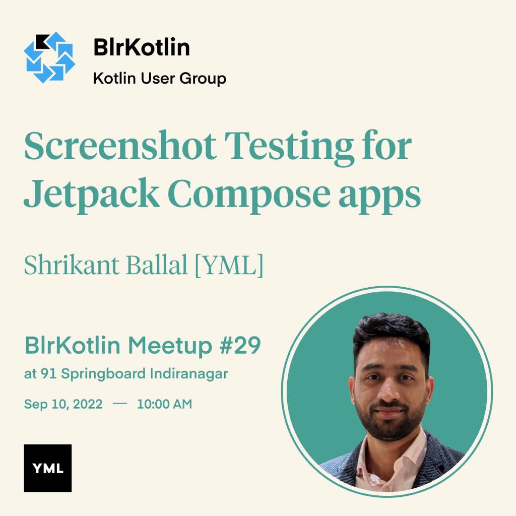 Our next speaker will talk about Screenshot testing for #JetpackCompose #AndroidDev 

Did you register yet? What are you waiting for?

RSVP soon to book your slot: forms.gle/ZfWQWpAUMEi7tE…

See you all on 10th Sept.

#BlrKotlin #Kotlin