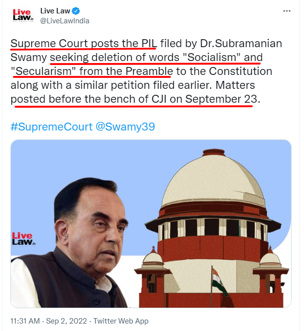 IndiaCrooks's tweet photo. This issue is close to my heart. Secular/Socialist words added to #Premable fraudulently by #IndiraGandhi during #Emergency. Our constitution-authors rejected this demand during writing of the constitution. Let's see if CJI remove these words now, or dismiss the PIL post hearing! https://t.co/3qLwj69Yhl