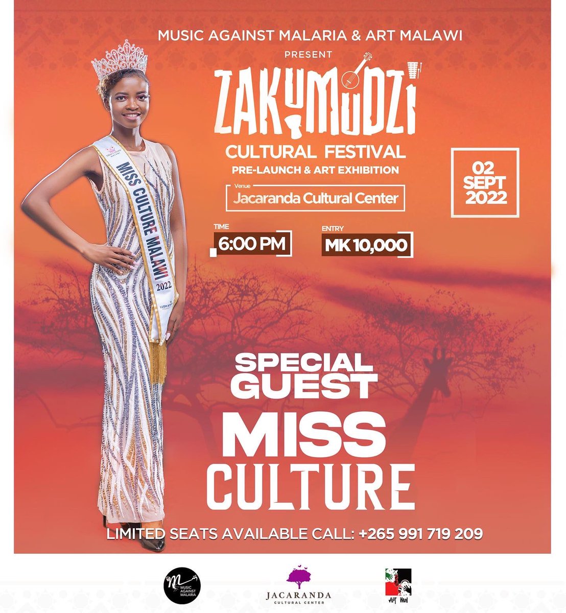 MusicMalaria's tweet photo. We’re excited to welcome #MissCulture &amp; #MissHeritage as #specialguests at #ZakumudziCulturalFestival with #ArtMalawi TONIGHT! 🥳🎶🎨

⏰ 5pm gates at JCC 

🎟 Tickets available from #jacarandaculturalcentre, #kwaharaba &amp; on the door 🔥 

#Malawi #arts #festival #music #visualart https://t.co/UWZv0WruTi