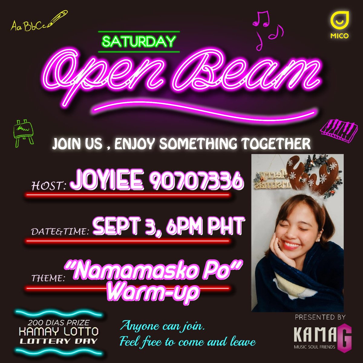TEAMKAMAY's tweet photo. Tomorrow Sep.3 6PM PHT Saturday Open Beam.
Anyone can join!
Details
https://t.co/e9crM7EqgY
#TeamKamay #September3 #Sep3 #Saturday #SaturdayOpenBeam #Kamay #Jamming #Singers #Christmas #Bermonth https://t.co/j1BoW7PTc2