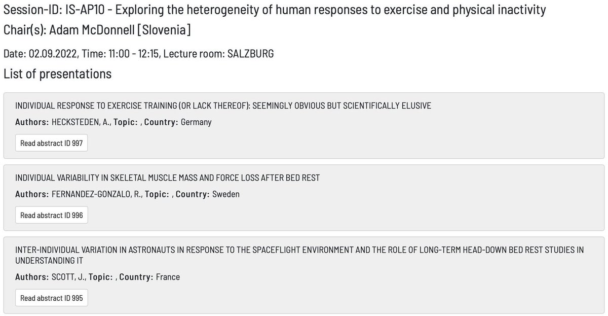Rodrigo Fernandez-Gonzalo (@rodrigo_fergo) on Twitter photo Interested in Individual Variability in exercise training, severe inactivity (bed rest) and space?
Come to our session at 11.00 in Salzburg room!
<a href="/E_C_S_S/">ECSS</a> <a href="/sportaerztin/">Anne H.</a> <a href="/AdiMcSlo/">Adam McDonnell</a> <a href="/EnvPhysLabIJS/">IJS Environmental Physiology and Ergonomics Lab</a> <a href="/jonnyscott1978/">Jon Scott</a> #ECSS2022 Interested in Individual Variability in exercise training, severe inactivity (bed rest) and space?
Come to our session at 11.00 in Salzburg room!
<a href="/E_C_S_S/">ECSS</a> <a href="/sportaerztin/">Anne H.</a> <a href="/AdiMcSlo/">Adam McDonnell</a> <a href="/EnvPhysLabIJS/">IJS Environmental Physiology and Ergonomics Lab</a> <a href="/jonnyscott1978/">Jon Scott</a> #ECSS2022