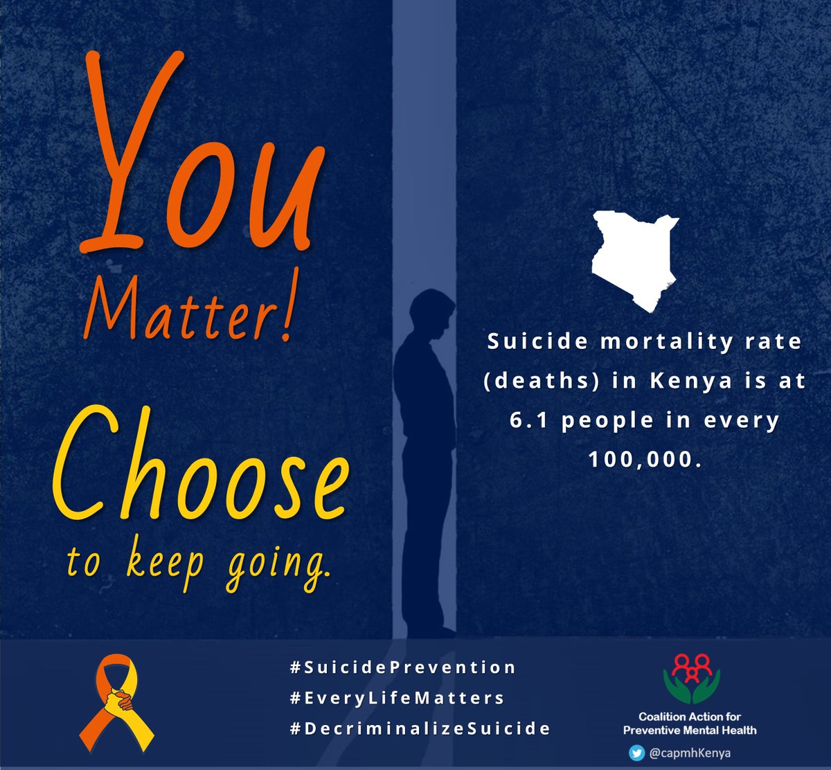 Afya_360's tweet photo. Reports indicate that suicide rate in kenya are at 6.1 people in every 100,000. However these deaths are under reported.
#DecriminaliseSuicide will help in accurate reporting of these deaths hence help in development of better #SuicidePrevention strategies.
#ChooseToKeepGoing https://t.co/qrkD6GuvHi