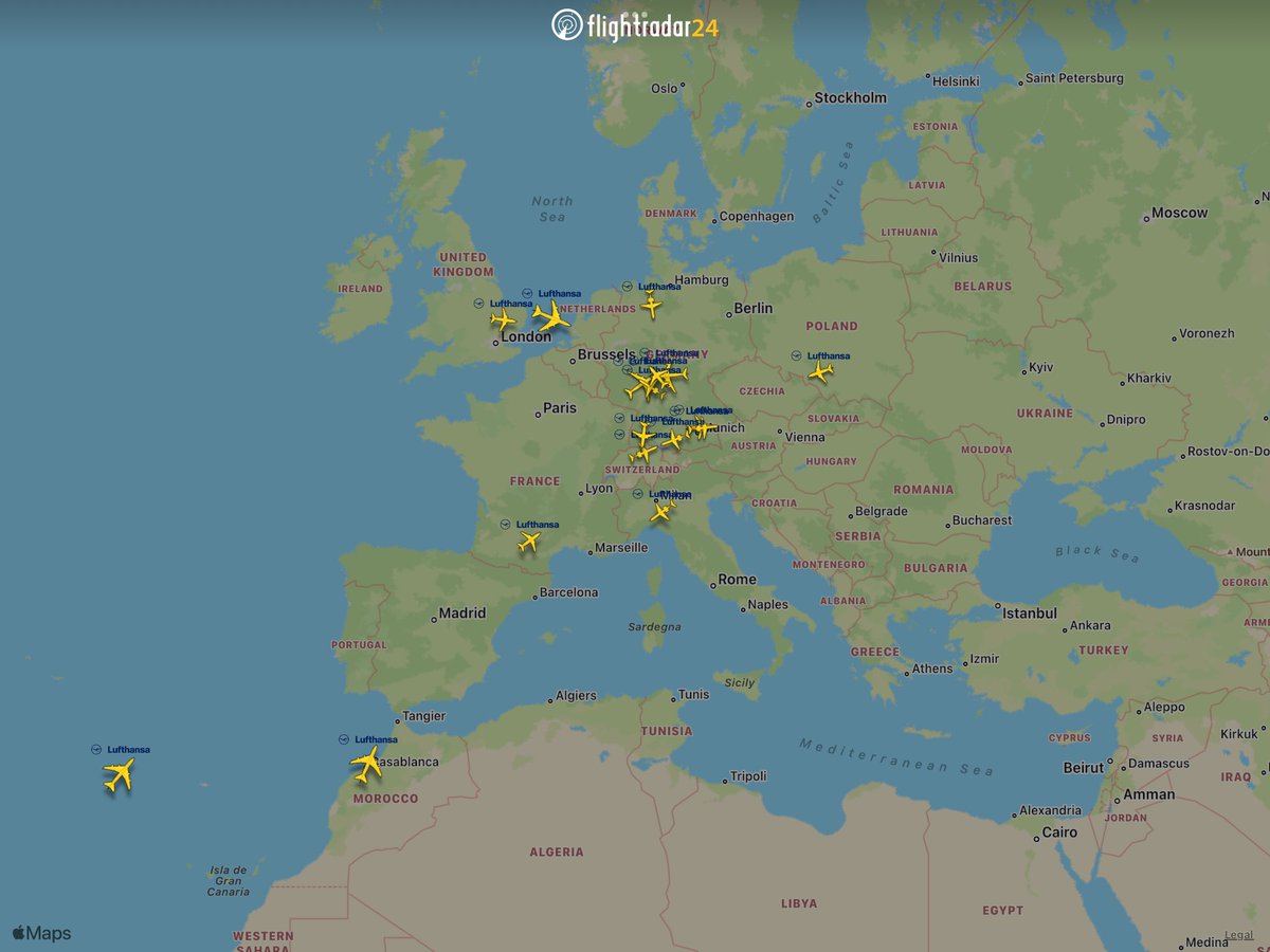 flightradar24's tweet photo. Active Lufthansa flights now (24) vs same time last week (119).

Lufthansa has canceled a total of 821 flights today due to a pilot strike.

Frankfurt is affected most, followed by Munich. 

https://t.co/5wibzPhz8M https://t.co/HYhauJYrUc