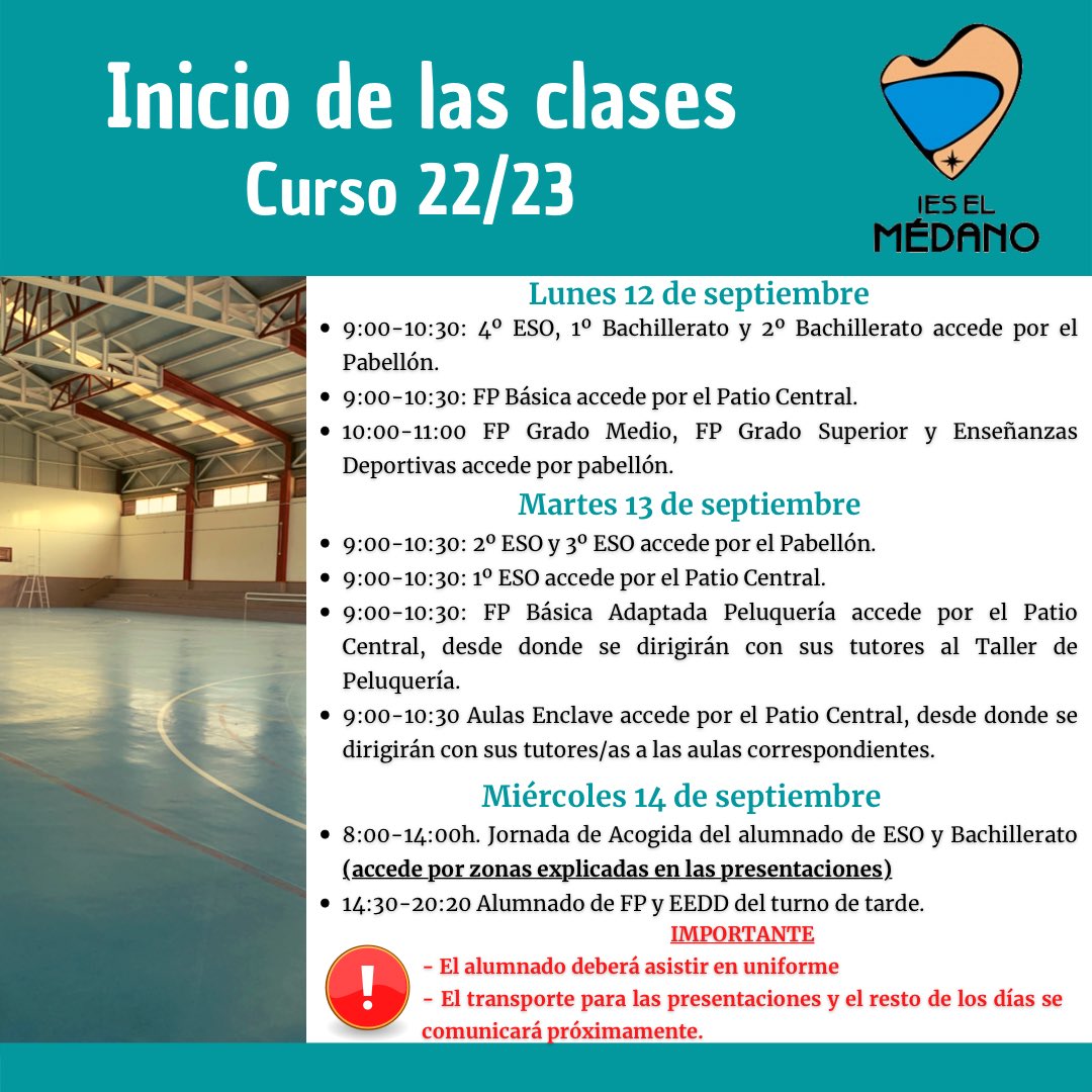 🏫Estimadas familias, compartimos las fechas y horas de los primeros días de clase de este curso 22/23. 

🚌En breve publicaremos la distribución del alumnado en las líneas de transporte.

⚙️Empezamos… 

#vueltaalcole #curso2223 #educacióncanarias