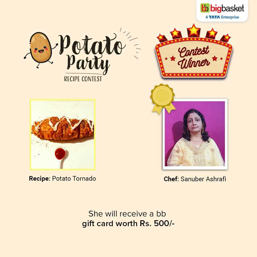 bigbasket_com's tweet photo. Our heartiest congratulations to Sanuber Ashrafi for winning the Potato Party Recipe Contest!
Your Potato Tornado recipe was loved by everyone at bigbasket!
Check out the recipe on the link -https://t.co/oE3CPEuUxX
#bigbasket #ContestWinner #RecipeContest #Recipes #bbCookBook https://t.co/kQjsr2n5wI