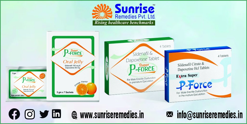 sunriserem's tweet photo. P-Force Generic #Sildenafil USP + #Dapoxetine HCL is a big name in the pharmaceutical world. Manufacturer From Sunrise Remedies Pvt. Ltd.
Read More: https://t.co/EABfEQkGoz
#PForce #Erectiledysfunction #Prematureejaculation #EDTreatment #PETreatment #Manpower #Impotence https://t.co/zgVwI5cJ76