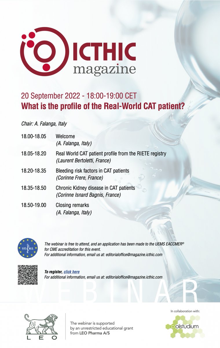 Did you subscribe to our next webinar: What is the profile of the Real-World CAT patient? September 20th, 18.00 CET Speakers: @LaurentBertole1 @CorinneFrereMD Corinne Isnard Bagnis Chair: @AnnaFalanga19 Check it out 👉 bit.ly/3cfNg7B #Cancer #thrombosis #webinar