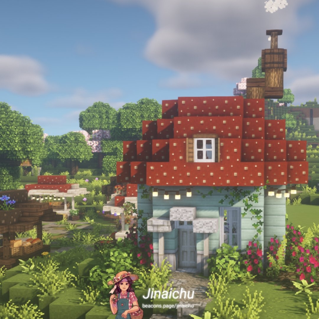 Jinaichu's tweet image. Smoll mushroom cottage from a survival map i was working on, maybe ill pick it back up and upload it to planetminecraft~ 🌈🌿 

#minecraft #minecraftbuilds #mushroomcore #fairycore