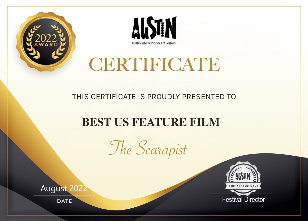 Congratulations to the cast and crew of <a href="/TheScarapist/">The Scarapist</a> #award #winner #bestfeature #US #austininternationalartfestival