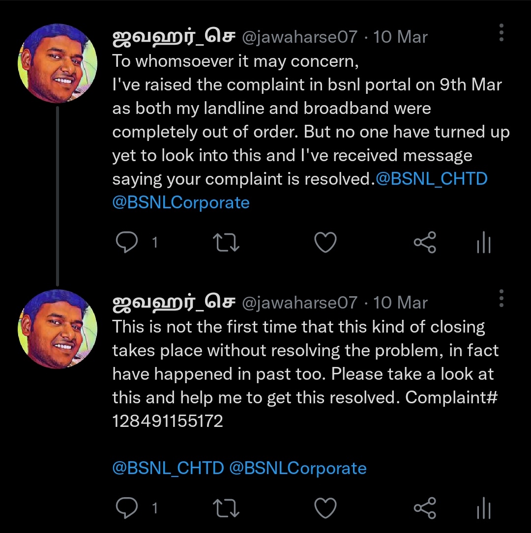 jawaharse07's tweet photo. To whomsoever it may concern,
I've raised the complaint on 17th of August as both my landline and broadband was not working. The complaint # is 129124913112. But no one have turned up so far to look into the issue and resolve the same. #BSNL
@BSNL_CHTD @BSNLCorporate @CMDBSNL https://t.co/pi1CksPeAc