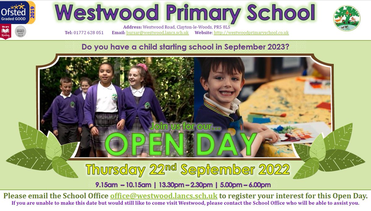 Westwood_Office's tweet photo. Primary admissions for September 2023 are now open! If you have a child starting school next year, we'd love you to join us for our open day on Thursday 22nd September. Please email office@westwood.lancs.sch.uk to register your interest. https://t.co/DijoTrBBrw