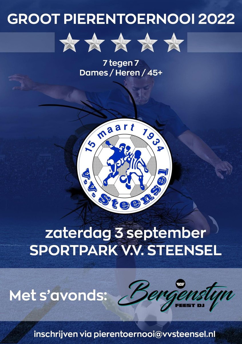 Morgen trappen we in Steensel het nieuwe seizoen op gang met het groot Pierentoernooi. De eerste wedstrijden beginnen om 13.30 uur en de finale rond 19 uur. Na afloop is er een groot feest in de tent. Kom gerust een kijkje nemen.