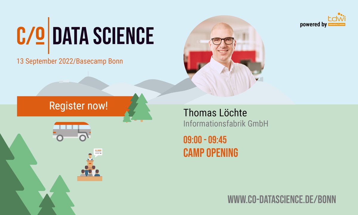 Am 13. September steht endlich wieder die <a href="/co_data_science/">c/o data science</a> in Bonn an. Thomas Löchte von der Informationsfabrik startet das Camp um 9 Uhr, anschließend geht es mit spannenden Sessions weiter.

Neugierig geworden? Tickets gibt es hier: co-datascience.de/tickets/