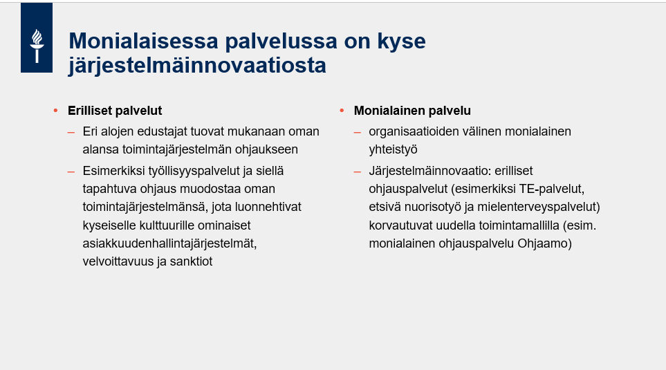 Perhekeskus on järjestelmäinnovatio kuten Ohjaamokin. Löytyykö sote-uudistuksen piiristä muita järjestelmäinnovaatioita? Rakennamme Janakkalassa yhteistä ymmärrystä monialaisesta työstä ja sen johtamisesta väitöskirjatutkija <a href="/taru_lilja/">Taru Lilja</a> n ohjauksessa.