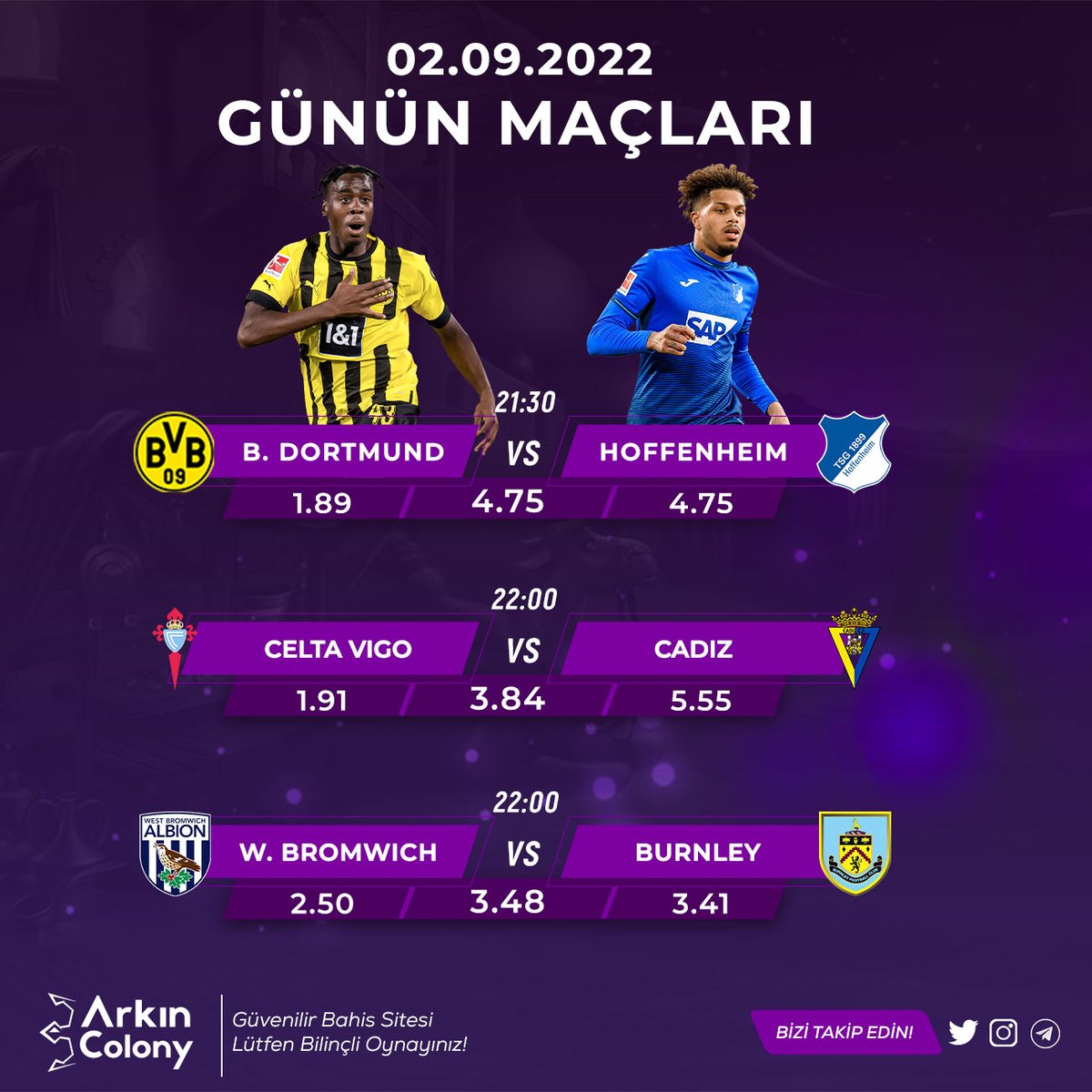 ArkColonyBet's tweet photo. 🎁#ARKINCOLONYBET'TEN 50₺ SİZEN, 25₺ BİZDEN %50 NAKİT BONUS!

⚽B. DORTMUND - HOFFENHEIM
⚽CELTA VIGO - CADIZ
⚽W. BROMWICH - BUNLEY

🎁30₺ YENİ ÜYELİK BONUSU!

https://t.co/leYYP2qEp1

#casino #bahis #futbol #canlicasino #iddaa https://t.co/P3KjrnN4QG