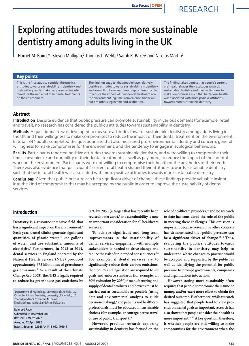 Despite evidence that public pressure can promote sustainability in various domains (e.g. retail and travel), no research has considered the public's attitudes towards sustainability in dentistry.

🧵1/7