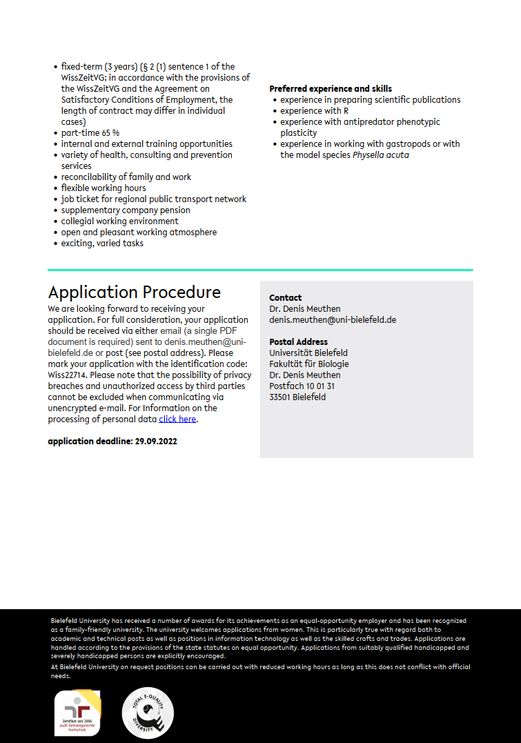 📢Job alert! My workgroup at the Department of Evolutionary Biology 
<a href="/unibielefeld/">Bielefeld University</a>

has an open PhD student position in evolutionary genetics. We study experimental evolution!

Application deadline: 29th Sept 2022 

Details below!
Contact: denis.meuthen@uni-bielefeld.de