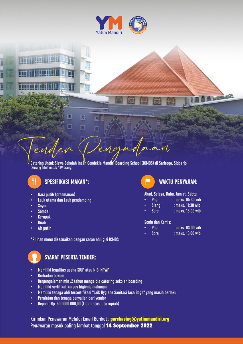 KlisTwit's tweet photo. Monggo bagi yang berkenan mengikuti tender catering bisa langsung kirimkan penawarannya ke email : purchasing@yatimmandiri.org. https://t.co/YuhmS6Sqko