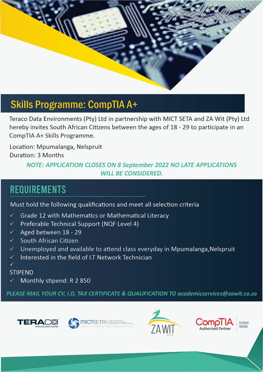 ZAWIT9's tweet photo. Mbombela stand up!!! Apply for the NEW ComPTIA A+ and be amongst the first ones to be certified. Please RT until Nelspruit sees it https://t.co/5aadpyaVQ5