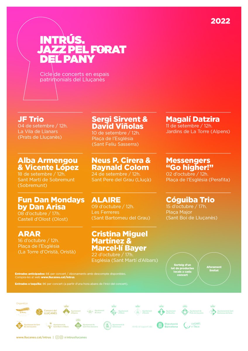 🎶🎹Aquest diumenge arriba la primera cita de 'l'#Intrús. Jazz pel forat del pany' al #Lluçanès. 

👉'JF Trio'
👉Diumenge 4 de setembre, 12 del migdia
👉Masia La Vila de Llanars, a <a href="/pratsdellucanes/">Prats de Lluçanès 🎗</a>

🟠Més informació i entrades a: llucanes.cat/intrus