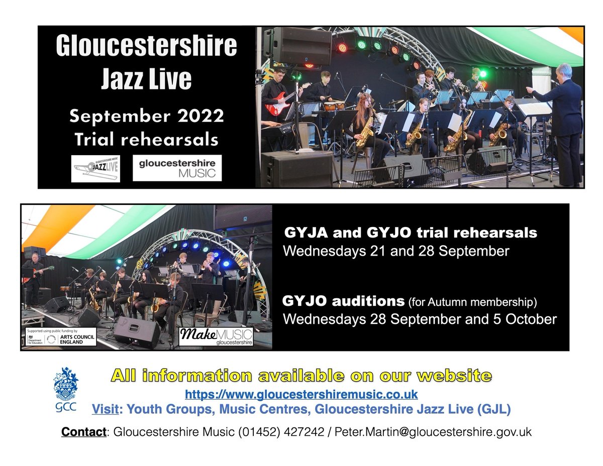 🎶 GYJA &amp; GYJO September 2022 Trials 🎶

<a href="/glos_music/">Gloucestershire Music</a> welcomes young musicians keen to:

- Play in weekly jazz ensembles rehearsals.
- Perform at great local venues &amp; festivals. 
- Develop their musical skills.

To FIND OUT MORE and EMAIL your interest:

orlo.uk/LrX29