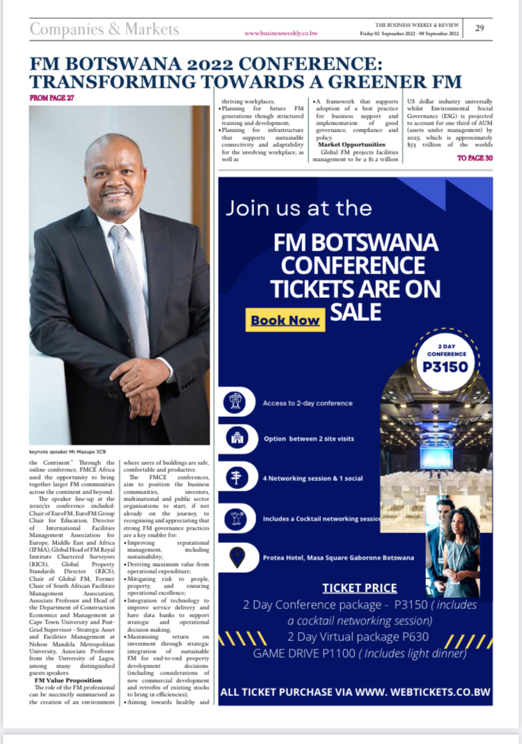 Join @FMCE AFRICA Botswana conference at Masa hotel on the 8 and 9 September next week. Conference Theme - Transforming towards a greener FM. For more details contact  office on info<a href="/fmce/">fmc</a>africa.com or call +267 3731111 or +267 75775615. Tickets online zcu.io/BbTj.