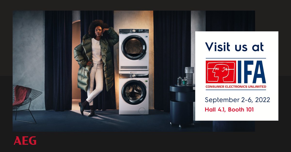 ElectroluxGroup's tweet photo. Are you attending @IFA_Berlin? Come visit the #AEG booth to see our new cutting-edge water and energy saving laundry range – and more! #challengetheexpected #innovation #IFA2022 https://t.co/NNuqrrHDeb