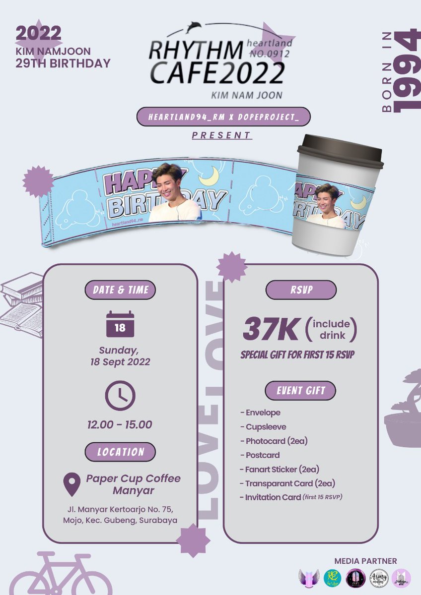 dopeproject_'s tweet photo. 2022 RM's 29th BIRTHDAY PROJECT
by @heartland94_rm

"VOICE OF SAVIOR"

RhythM Cafe 2022 in Surabaya
📅 Sunday , 18 September 202
🕛 12.00 - 15.00 WIB
📍 Paper Cup Coffee Manyar

🎁 RSVP LINK ON BIO or  (https://t.co/kI1zfBFlKV) 🎁

Don't miss it ARMY 💜
#RhythMCafe2022 https://t.co/d8tSEBd7A2