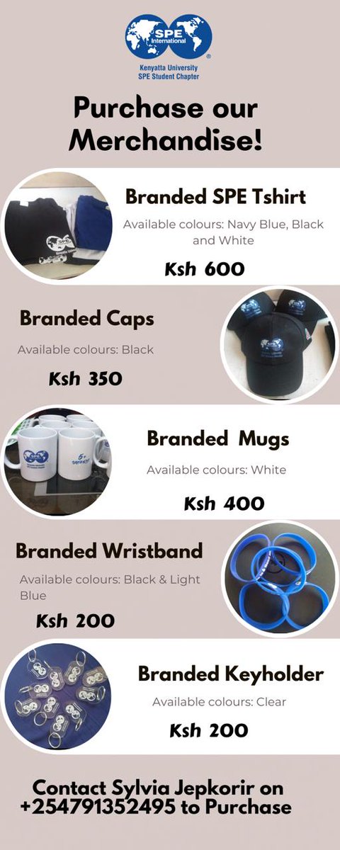 It's a good day to Get Yourself some SPE Merchandise!

We have:
 T-shirts ~ Ksh 600
 Caps ~ Ksh 350 
 Mugs ~ Ksh 400
 Wristbands ~ Ksh 200
 Keyholders ~ Ksh 200

Make your purchase today!🔥

 #wearespe🌍
 #dreamitdrillit