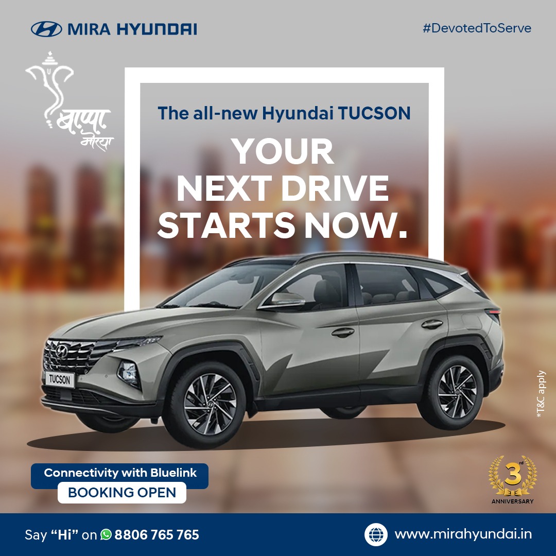 This Ganesh festival start your next drive with the all-new Hyundai TUCSON.
Epitomized to personify revolutionary dynamism, modern elegance, intelligent technology, and future readiness.

#mirahyundai #Hyundai #HyundaiIndia #HyundaiTUCSON #TUCSON #NextdrivesNow #HyundaiSUVLife