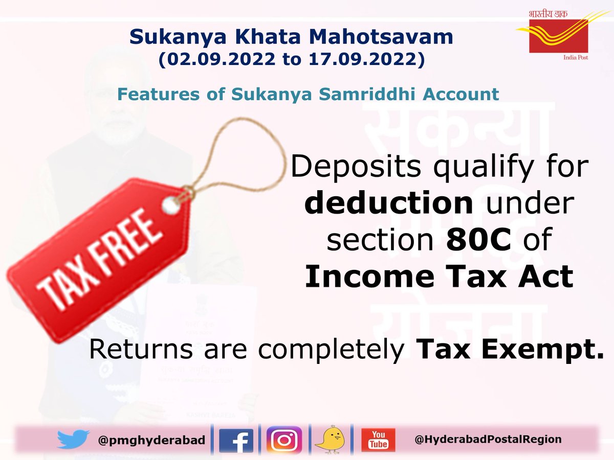 PmgHyderabad's tweet photo. Post Offices in Hyderabad Postal Region observing Sukanya Khata Mahotsavam from 02.09.2022 to 17.09.2022.

Parents/guardian of girl child below age of 10 years may open sukanya accounts by contacting nearest Post Office and enjoy tax benefits.
#Sukanyakhatamahotsavam https://t.co/RlFwX38qCZ