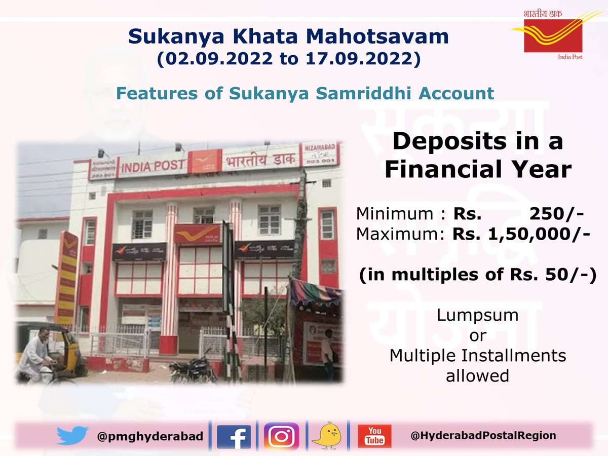 PmgHyderabad's tweet photo. Post Offices in Hyderabad Postal Region observing Sukanya Khata Mahotsavam from 02.09.2022 to 17.09.2022.

Parents/guardian of girl child below age of 10 years may open sukanya accounts by contacting nearest Post Office. Invest more to secure the future of Girl Child. https://t.co/DtmNepjvuE