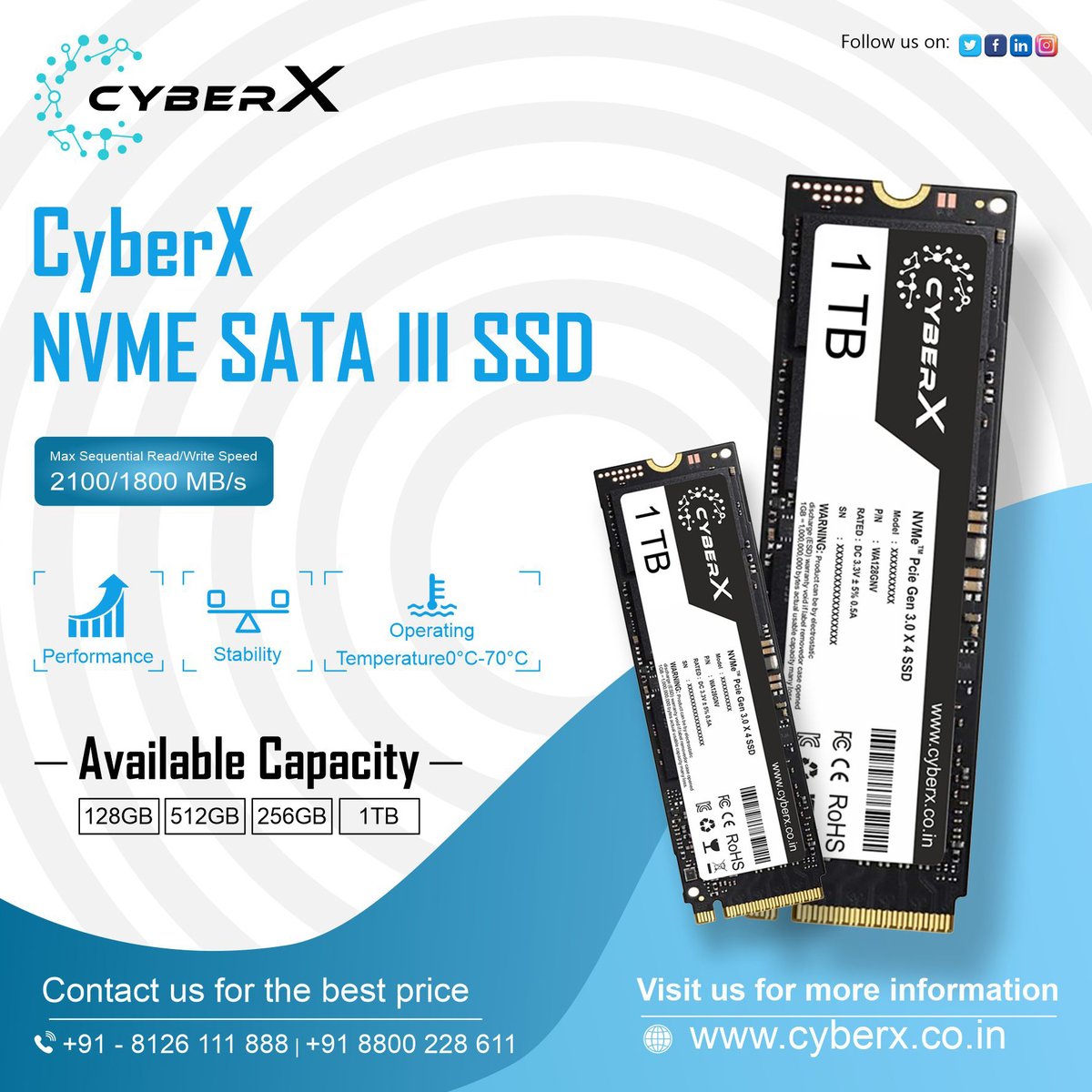CyberXram's tweet photo. #cyberx #NVMe  #SATA III #SSD 
👉Available Capacities:
128GB 256GB | 512GB | 1TB
👉Max Sequential Read/Write Speed : 550/460 MB/s
Contact us for the best price:
📞Call us: +91 8800228611
💻 Visit us: https://t.co/KDtTtqECL9
#cyberx #SSD #nvidia #NVMe #NVMeSSD #nvidiageforce https://t.co/WhFKnCo58u