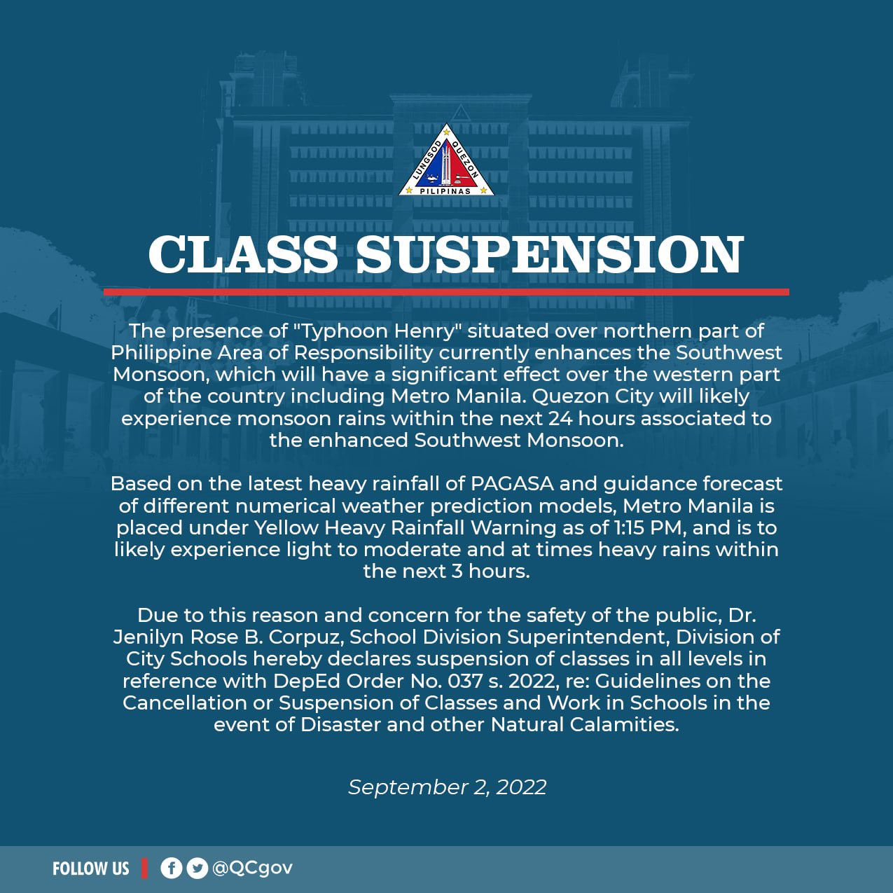 Quezon City Government on Twitter "[CLASS SUSPENSION] https//t.co