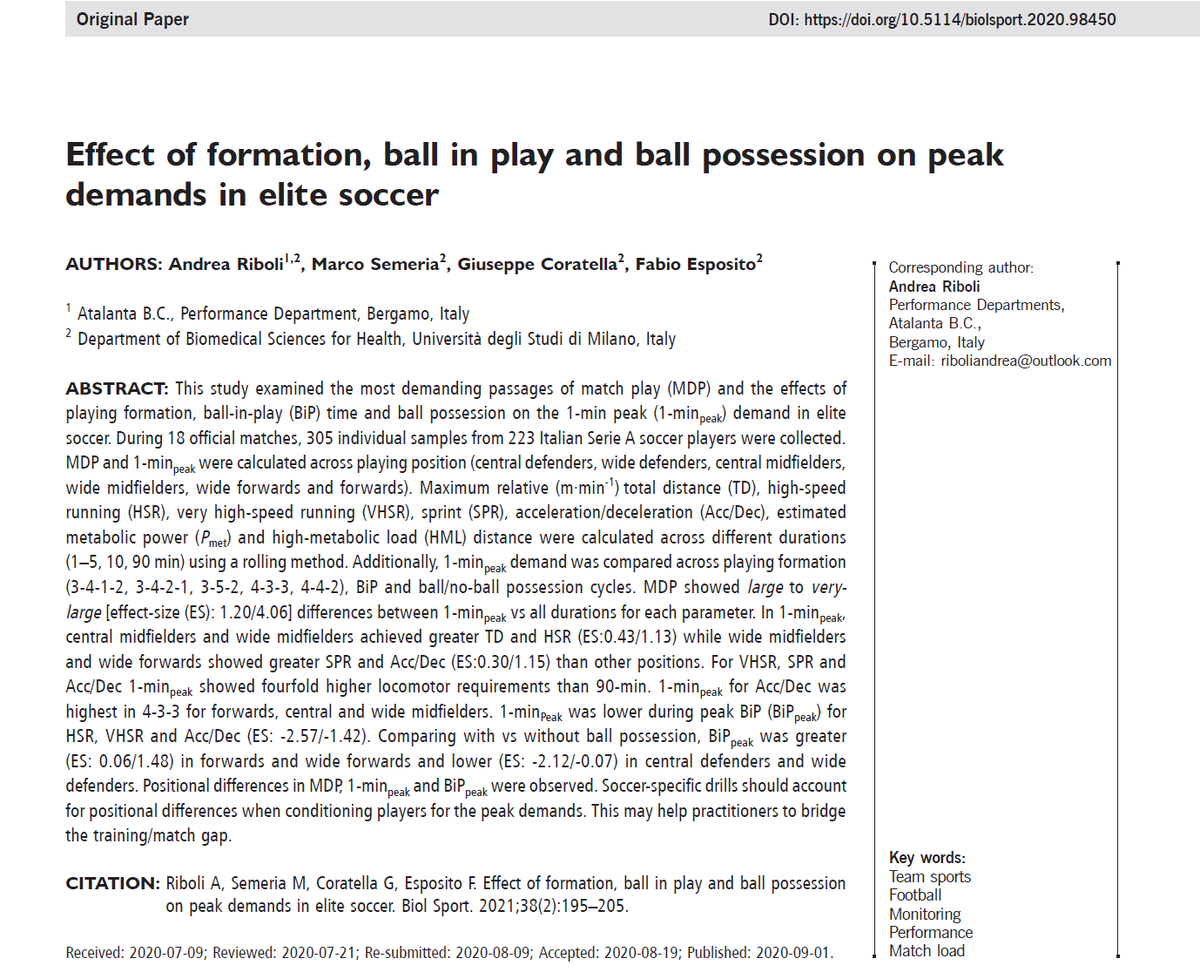 Worth-reading 📰 👉 Effect of formation, ball in play and ball possession on peak demands in elite soccer⚽️ 
✍️<a href="/A_Riboli/">Andrea Riboli Ph.D.</a>  Marco Semeria <a href="/CoratellaPh/">Giuseppe Coratella Ph.D.</a> Fabio Esposito
🔓#OpenAccess 🔗pubmed.ncbi.nlm.nih.gov/34079164/