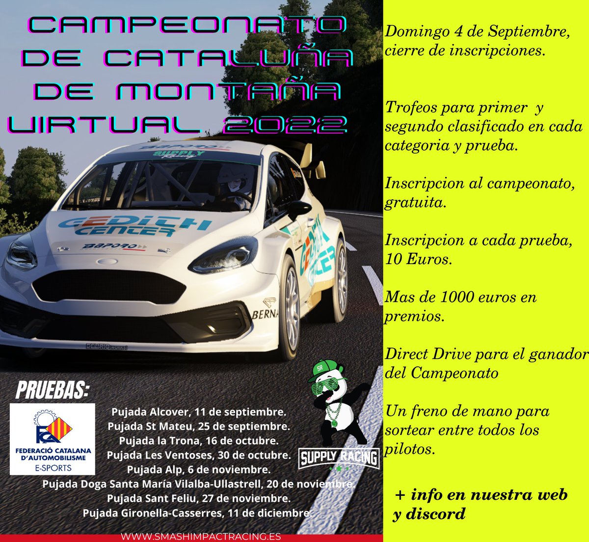 Supply Racing (@supplyracing) on Twitter photo 🚨🚨Últimos días cierre de inscripciones 🚨🚨
No te puedes perder el Campeonato de Cataluña de Montaña Virtual 2022¡¡¡
+ info 👉 discord.gg/gAWWDZUgXR
se agradece RT
<a href="/cammus_racing/">CAMMUS RACING</a> 🚨🚨Últimos días cierre de inscripciones 🚨🚨
No te puedes perder el Campeonato de Cataluña de Montaña Virtual 2022¡¡¡
+ info 👉 discord.gg/gAWWDZUgXR
se agradece RT
<a href="/cammus_racing/">CAMMUS RACING</a>