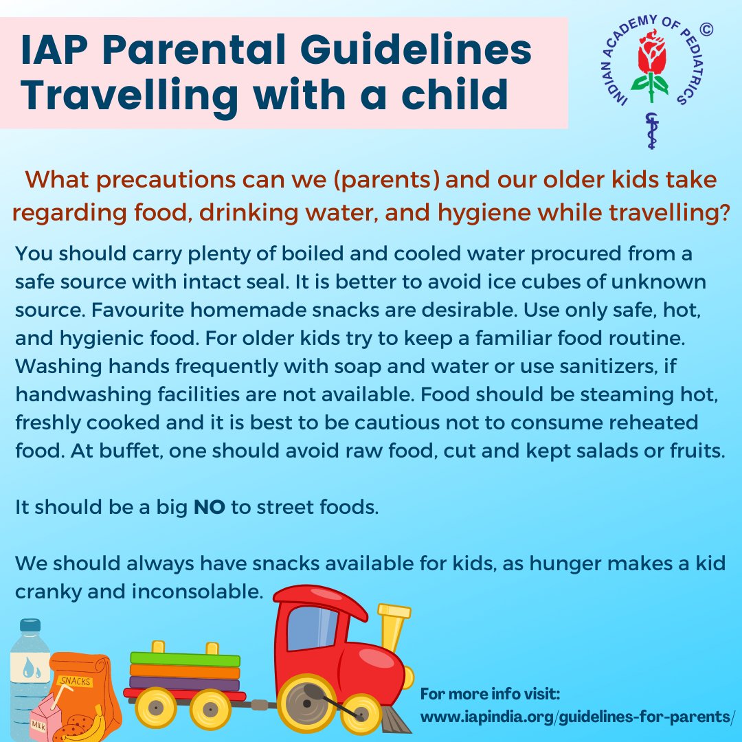 iapindia's tweet photo. What precautions can we (#parents) and our older kids take regarding #food, drinking #water, and #hygiene while #travelling?

#iap #indianacademyofpediatrics #pediatric #pediatrician #pediatricians #pediatricnurse #child #children #caregiver #caregiving #doctor #travel #tourism https://t.co/KYYPMCvL9S
