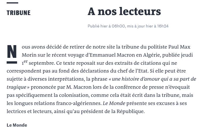 campvolant's tweet photo. Bonjour @lemondefr. Nous sommes nombreux à nous demander ce qui a pu se produire entre la publication de la tribune de @PaulMaxMorin1 à 6h et sa dépublication  à 16 h 24. On pense bien sûr à une demande de vos propriétaires ou même de l'Elysée. Mais peut-être nous trompons nous ? https://t.co/EYkSmvm8nR