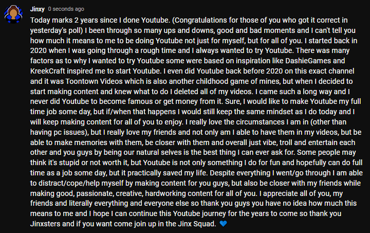 JessyTheJinxy's tweet photo. 2 years of doing Youtube... It feels so unreal, but I am so grateful for everything my friends, the memories, the people who watch my content, everything. Thank you all and if I were to write everything I wanted to it would not so please read this at your own pace. https://t.co/6QsEAG27xS