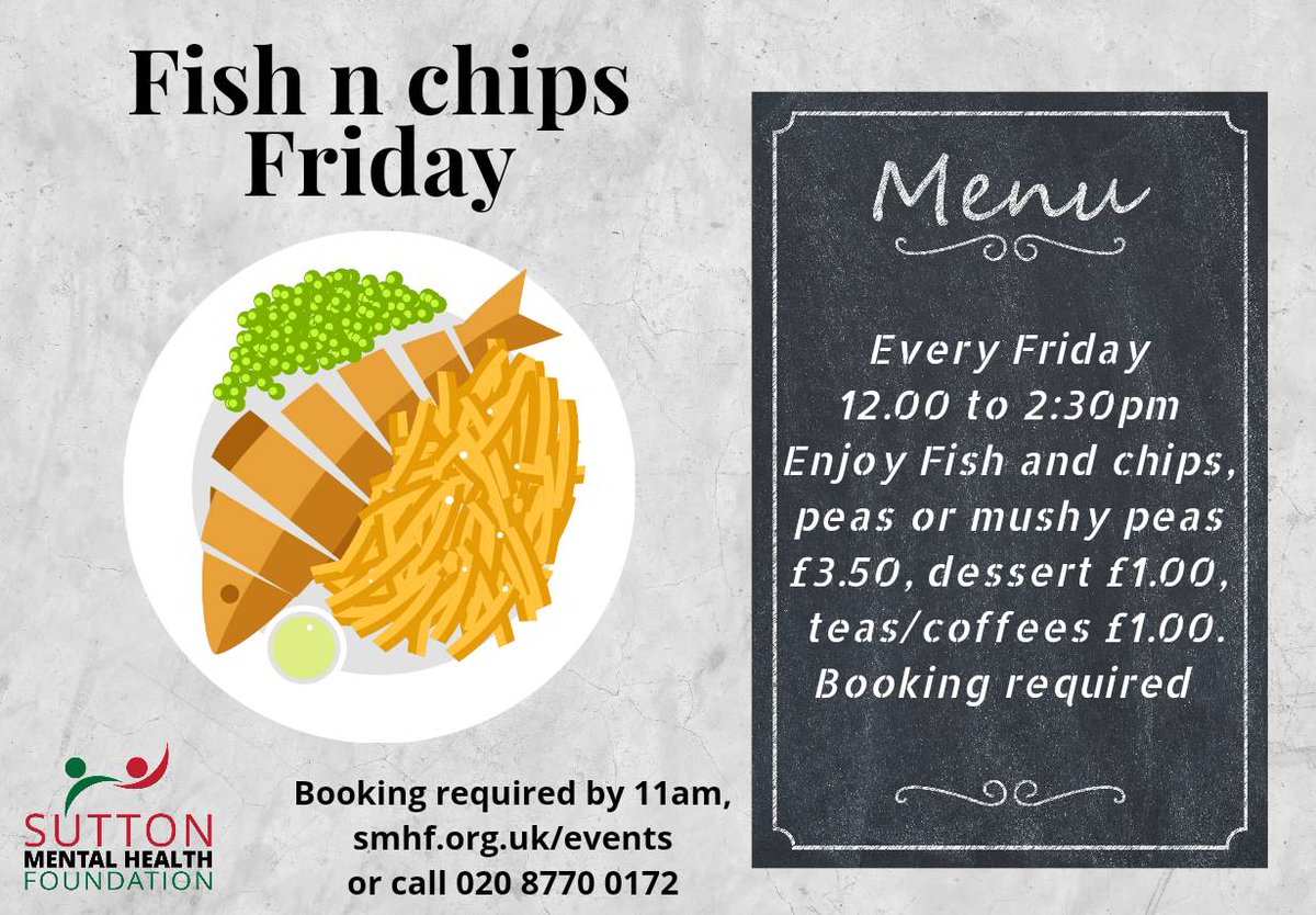 SuttonMHF's tweet photo. Join us today at #BelmontConnect for #FishnChipFriday! 

12PM - 2:30PM *Booking Required by 11AM)*

To book visit... 
https://t.co/F8bXPGgaj6 or call
020 8770 0172 https://t.co/RoqP2Bm2cU